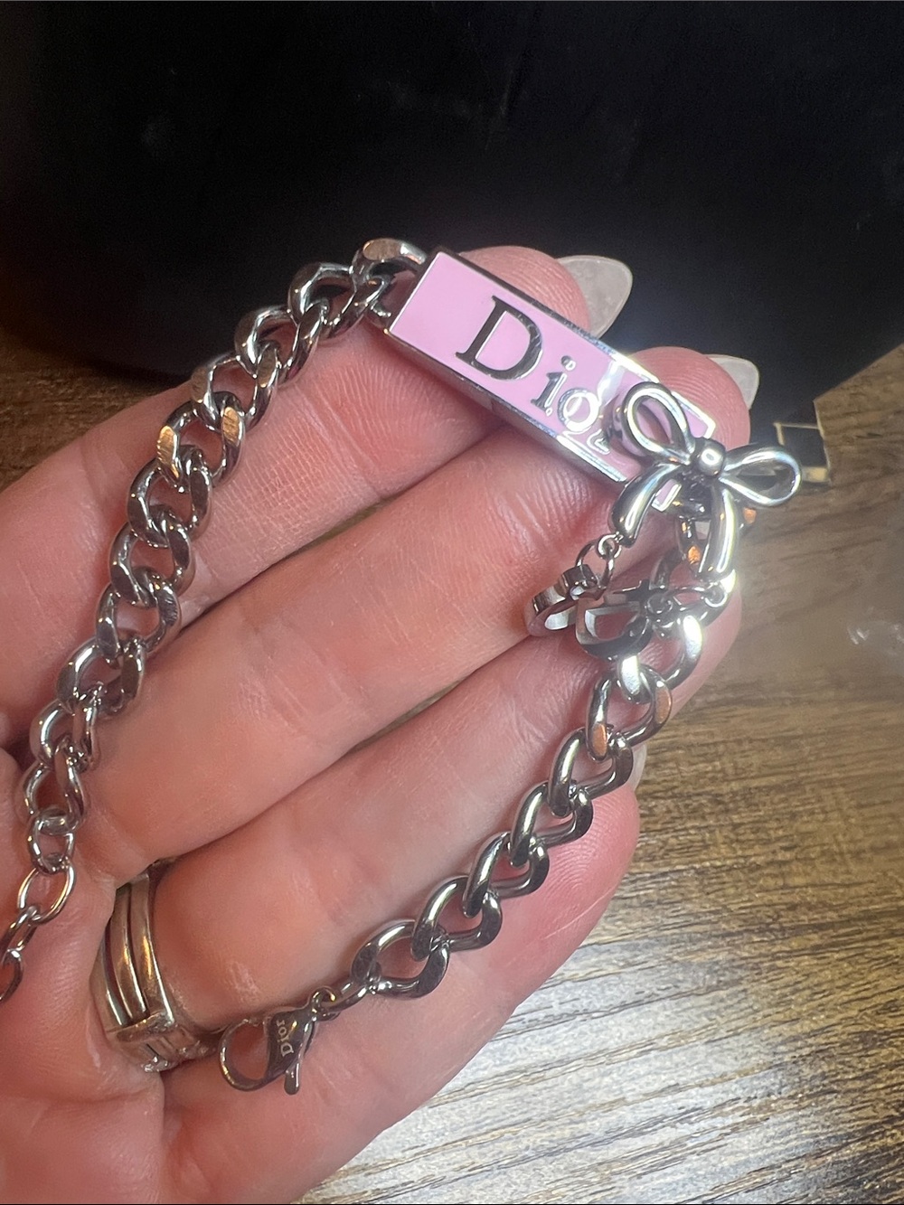 Silver-Tone Stainless Steel Chain Bracelet with Pink Enamel Tag and Bow Charm